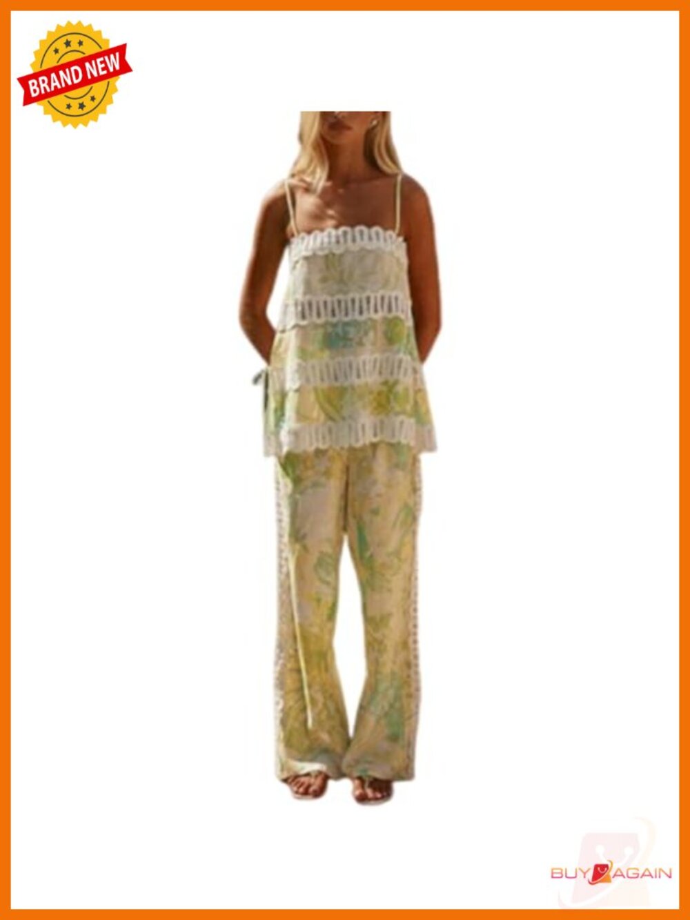 Floral Print 2 Piece Set Lace Trim Cami & Wide Leg Pants Boho Summer